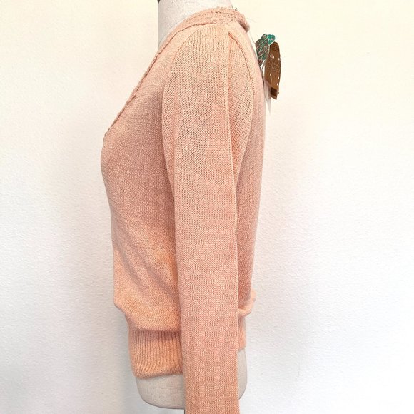 NET 70's "Organically Grown" Pastel Peach Pullover Crochet Vneck Sweater - Large - Picture 6 of 10